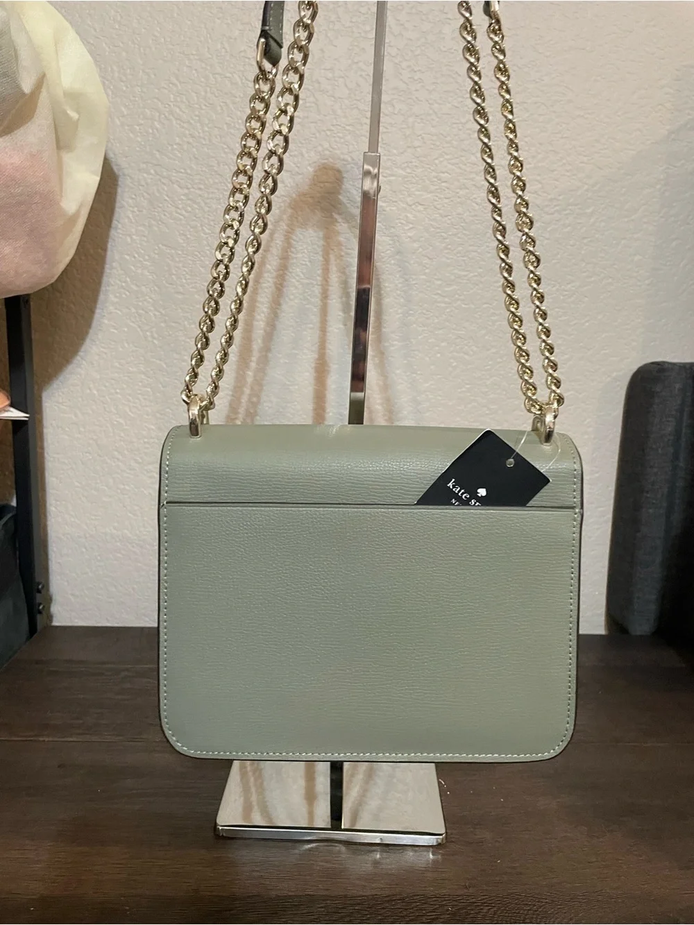 kate spade sage green leather crossbody with gold chain